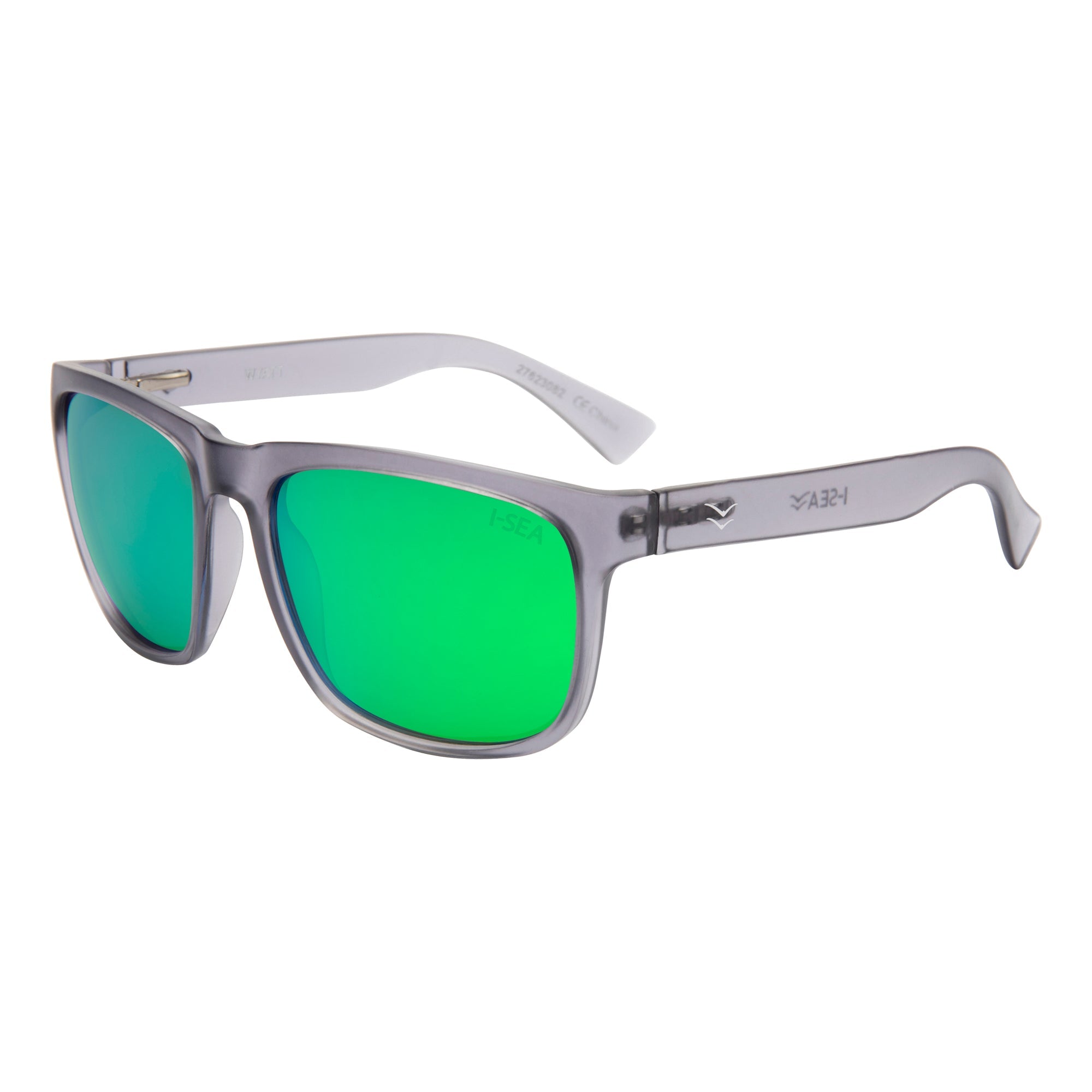 Sunglasses with green lenses and gray frame on a white background.
GREY / GREEN POLARIZED LENS