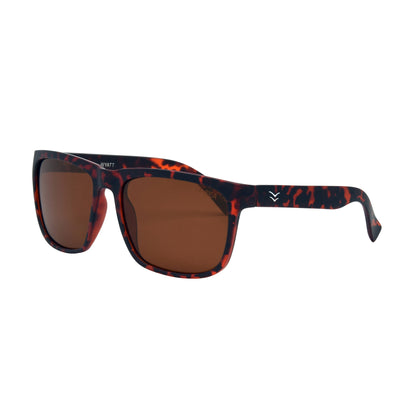 Sunglasses with tortoiseshell frame and brown lenses on a white background.
TORT / BROWN POLARIZED LENS