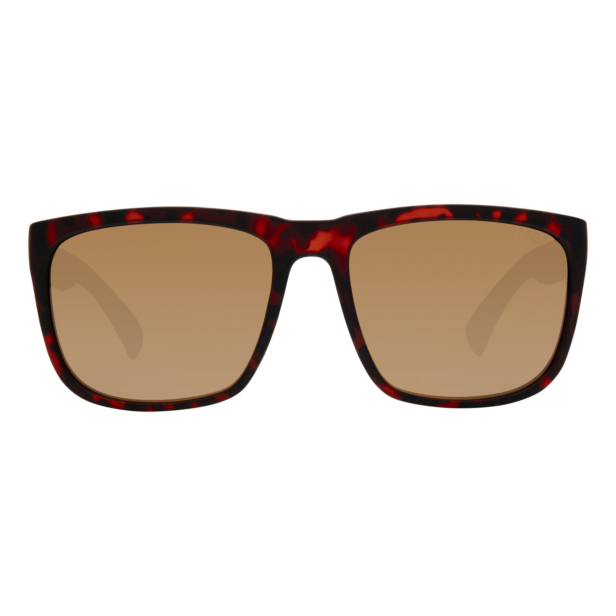 Sunglasses with a red and black frame on a white background.
TORT / COPPER POLARIZED LENS