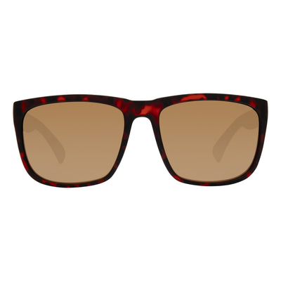 Sunglasses with a red and black frame on a white background.
TORT / COPPER POLARIZED LENS