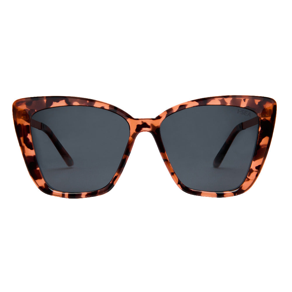 Sunglasses with tortoiseshell frame and dark lenses on a white background.
BLONDE TORT / SMOKE POLARIZED LENS