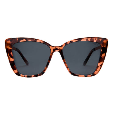 Sunglasses with tortoiseshell frame and dark lenses on a white background.
BLONDE TORT / SMOKE POLARIZED LENS