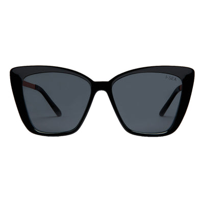 Black cat-eye sunglasses with dark lenses on a white background.
BLACK / SMOKE POLARIZED LENS