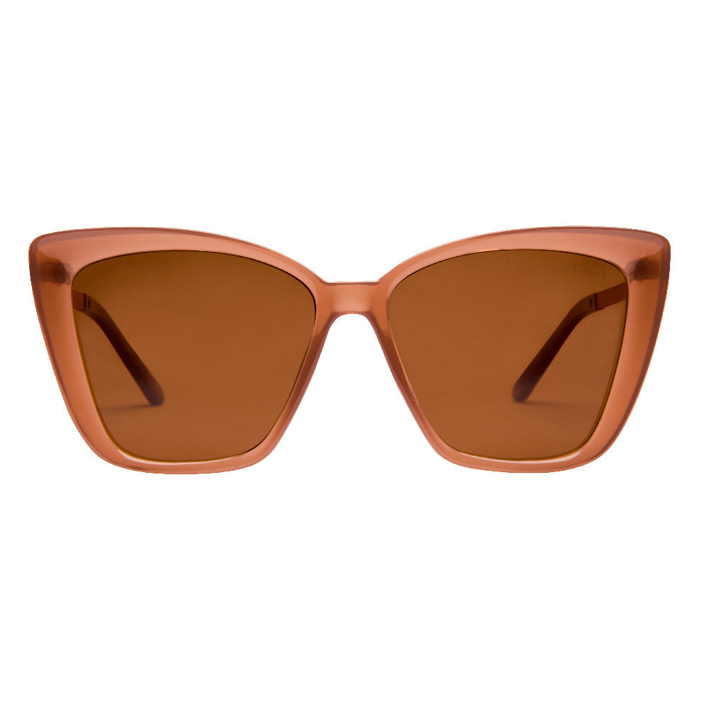 Cat-eye sunglasses with brown lenses and frame on a white background.
DUSTY ROSE / BROWN POLARIZED LENS