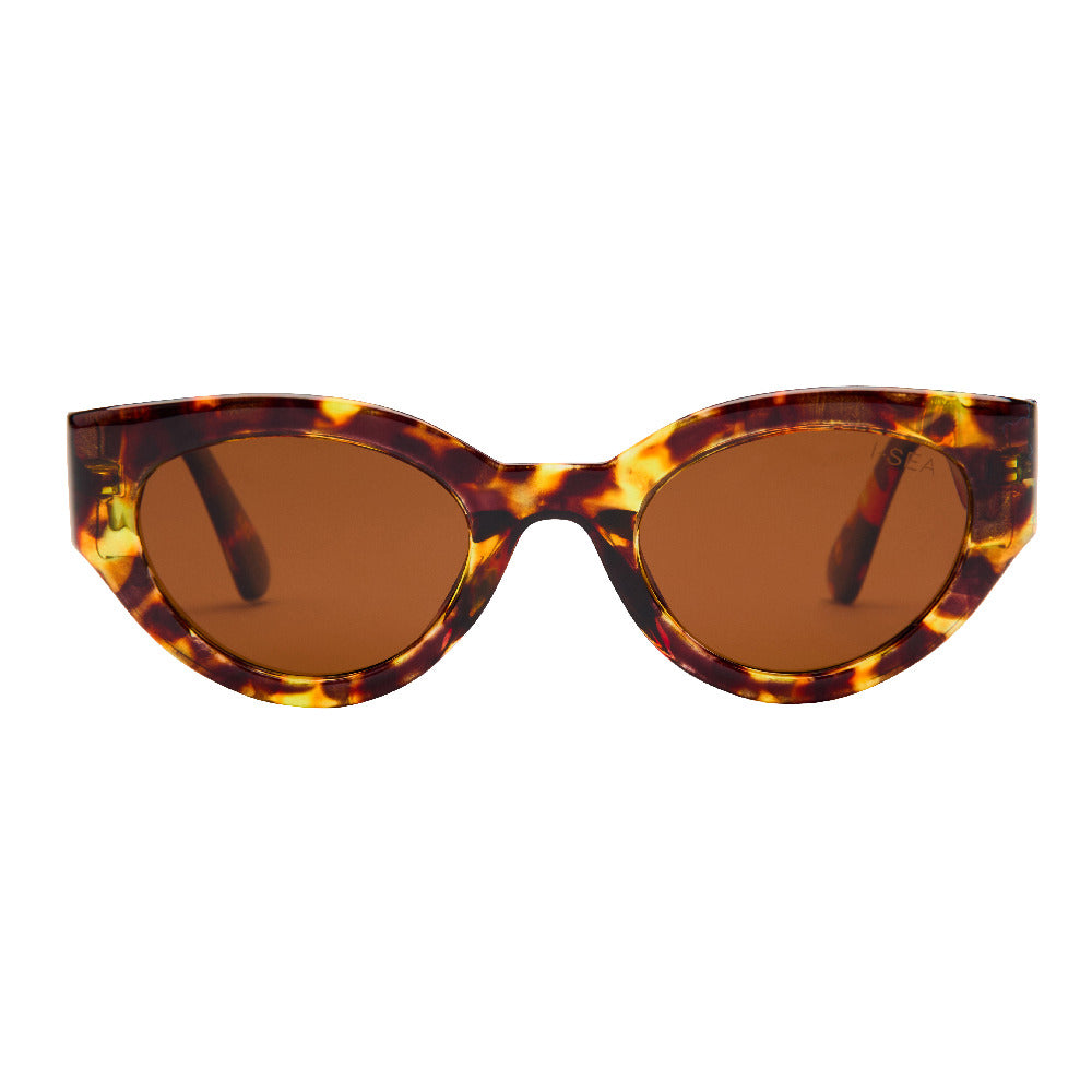 Sunglasses with tortoiseshell frame and brown lenses on a white background.
TORT / BROWN POLARIZED LENS