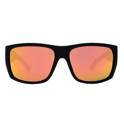 Sunglasses with black frame and orange-tinted lenses on a white background.
BLACK / RED MIRROR POLARIZED LENS