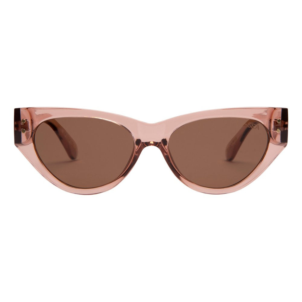 Cat-eye sunglasses with rose gold frame and brown lenses on a white background.
WATERMELON / BROWN POLARIZED LENS