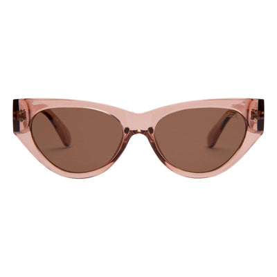 Cat-eye sunglasses with rose gold frame and brown lenses on a white background.
WATERMELON / BROWN POLARIZED LENS
