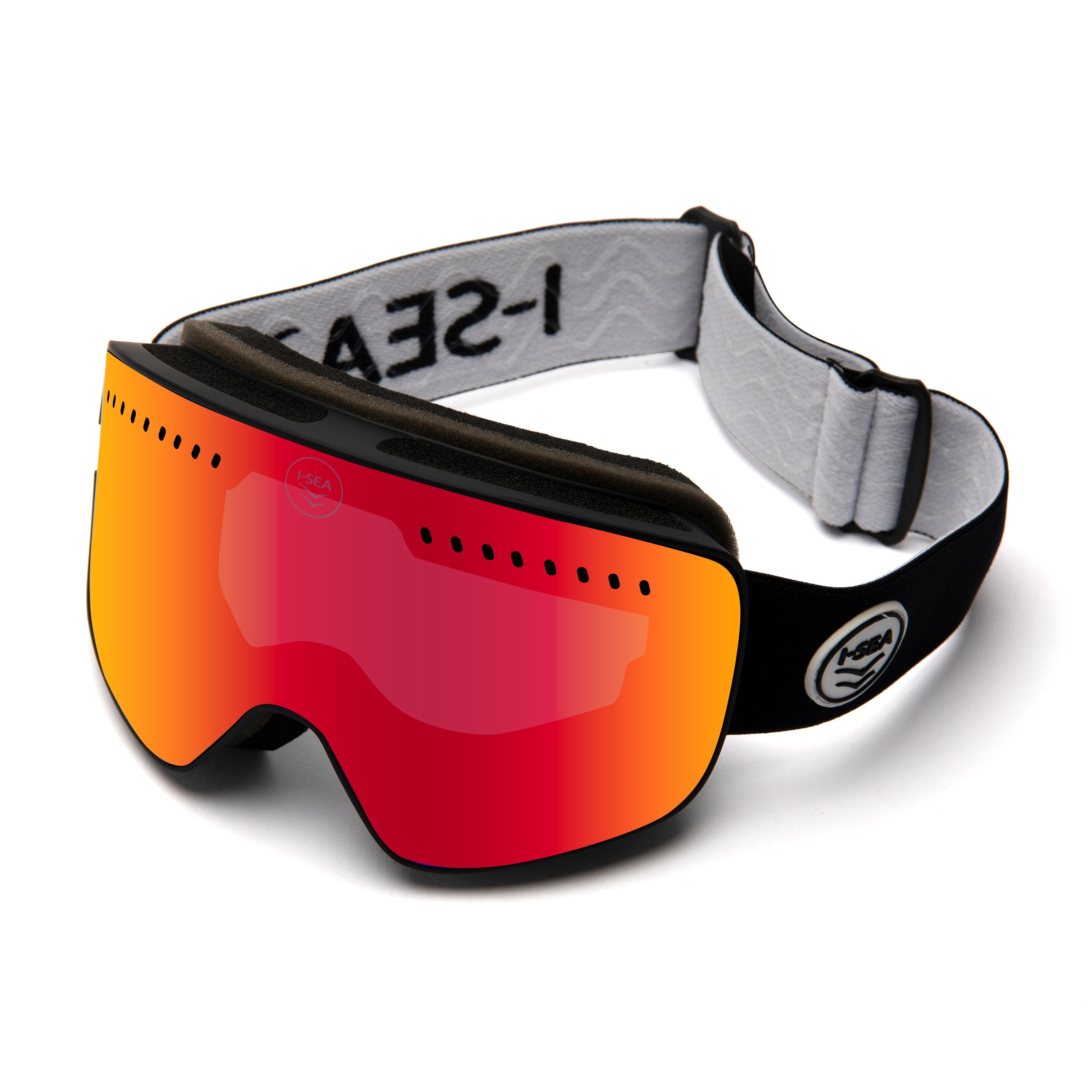 Ski goggles with red-orange lens and gray strap on a white background.
BLACK / FIRE RED