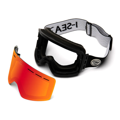 Black goggles with orange lens on a white background.
BLACK / PURPLE LENS
BLACK / SMOKE LENS
WHITE / ROSE LENS
BLACK / FIRE RED