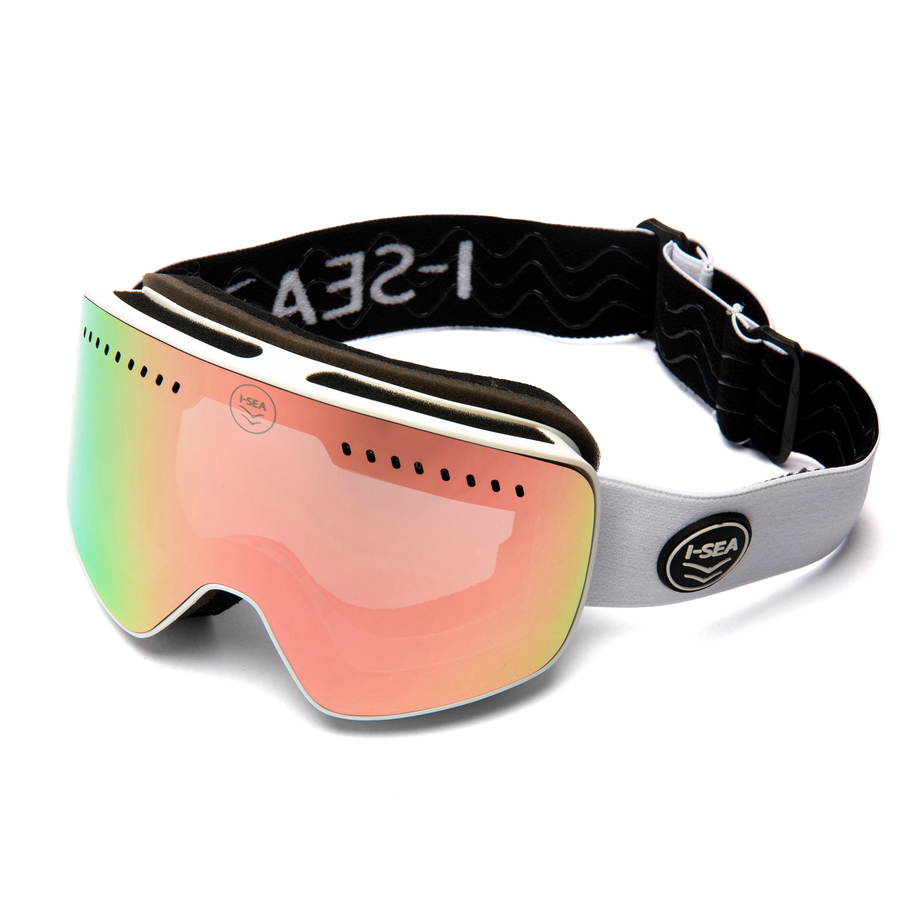 Ski goggles with a colorful lens and black strap on a white background.
WHITE / ROSE LENS