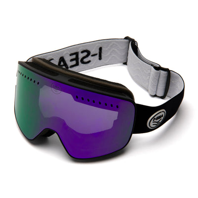 Ski goggles with purple lens and black frame on a white background.
BLACK / PURPLE LENS