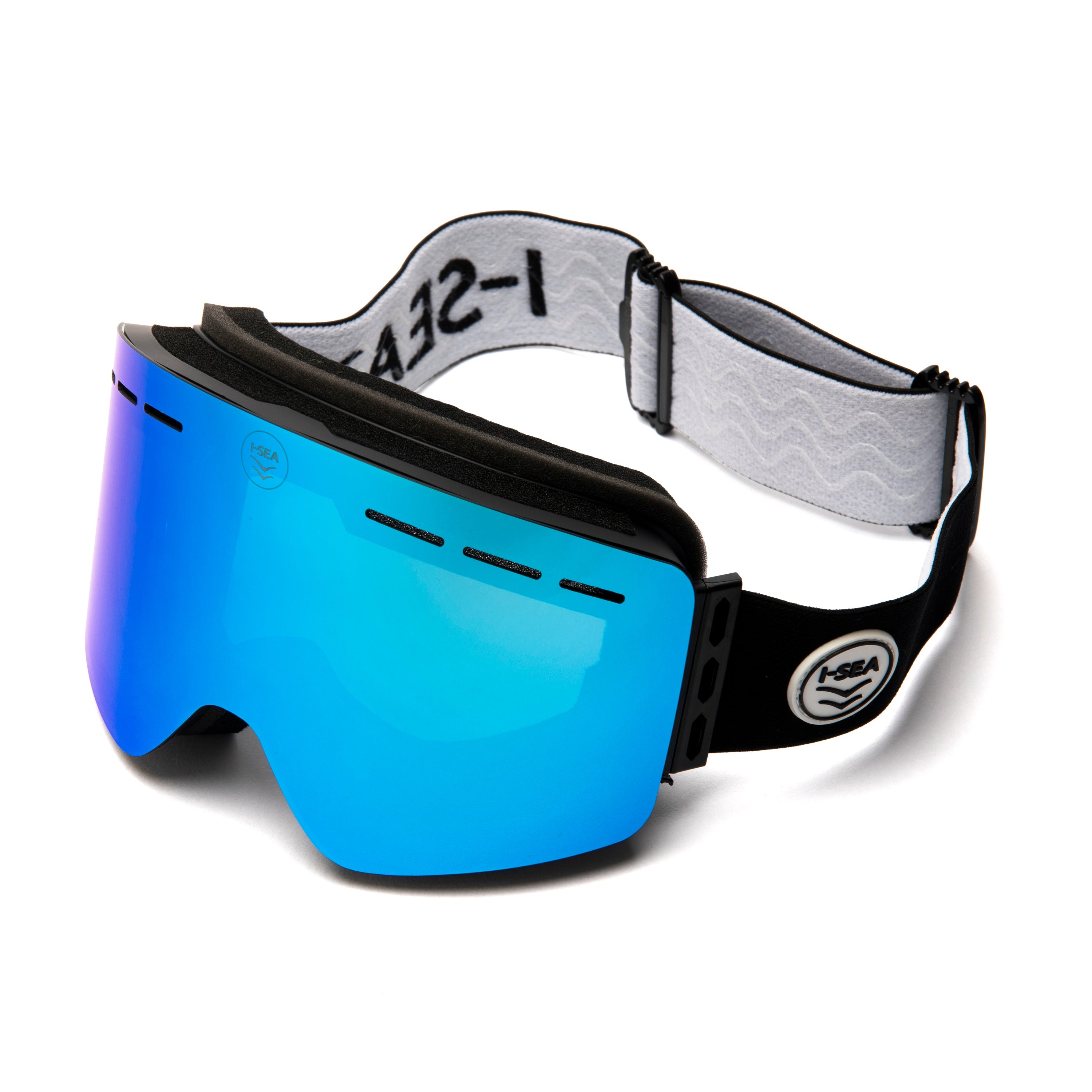 Blue ski goggles with a black frame on a white background.
BLACK / BLUE