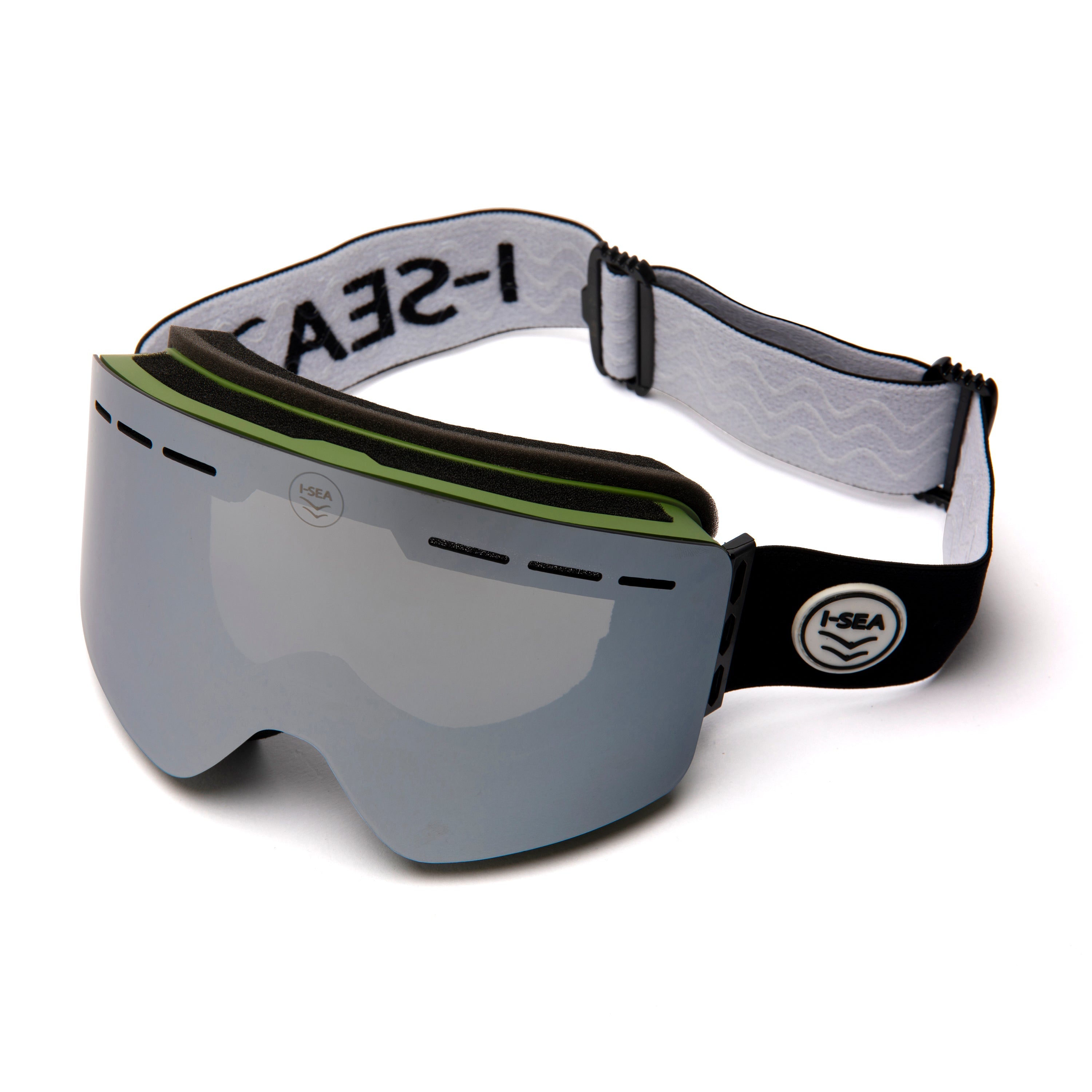 Ski goggles with a gray lens and black and white strap on a white background.
OLIVE / SILVER