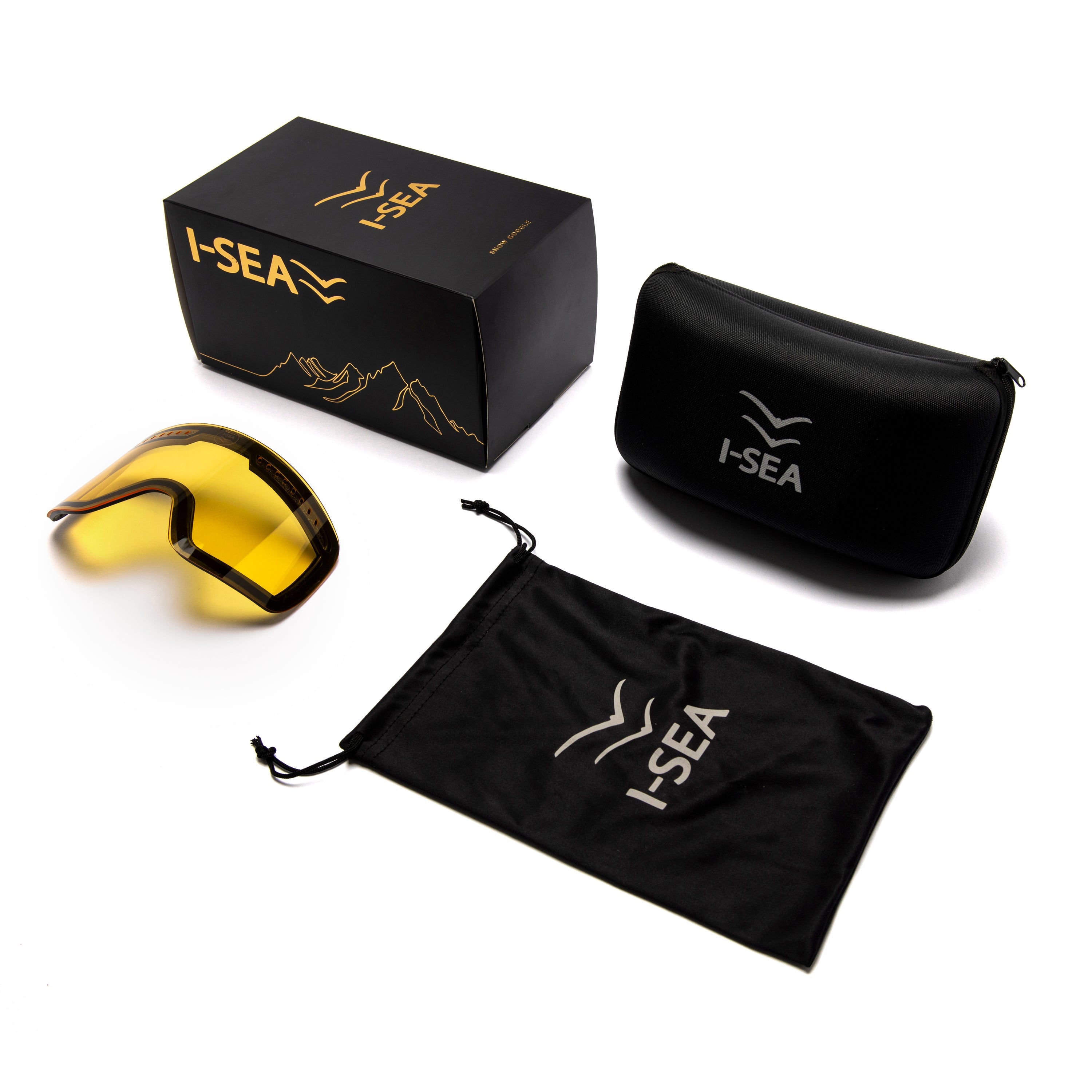 I-SEA branded sunglasses with packaging on a white background.
BLACK / PURPLE LENS
BLACK / SMOKE LENS
WHITE / ROSE LENS
BLACK / FIRE RED