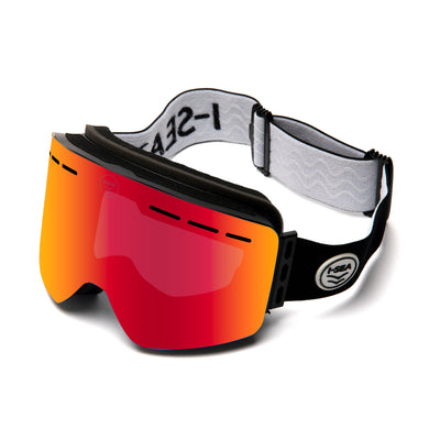 Red goggles with black frame and white strap on a white background.
BLACK / FIRE RED