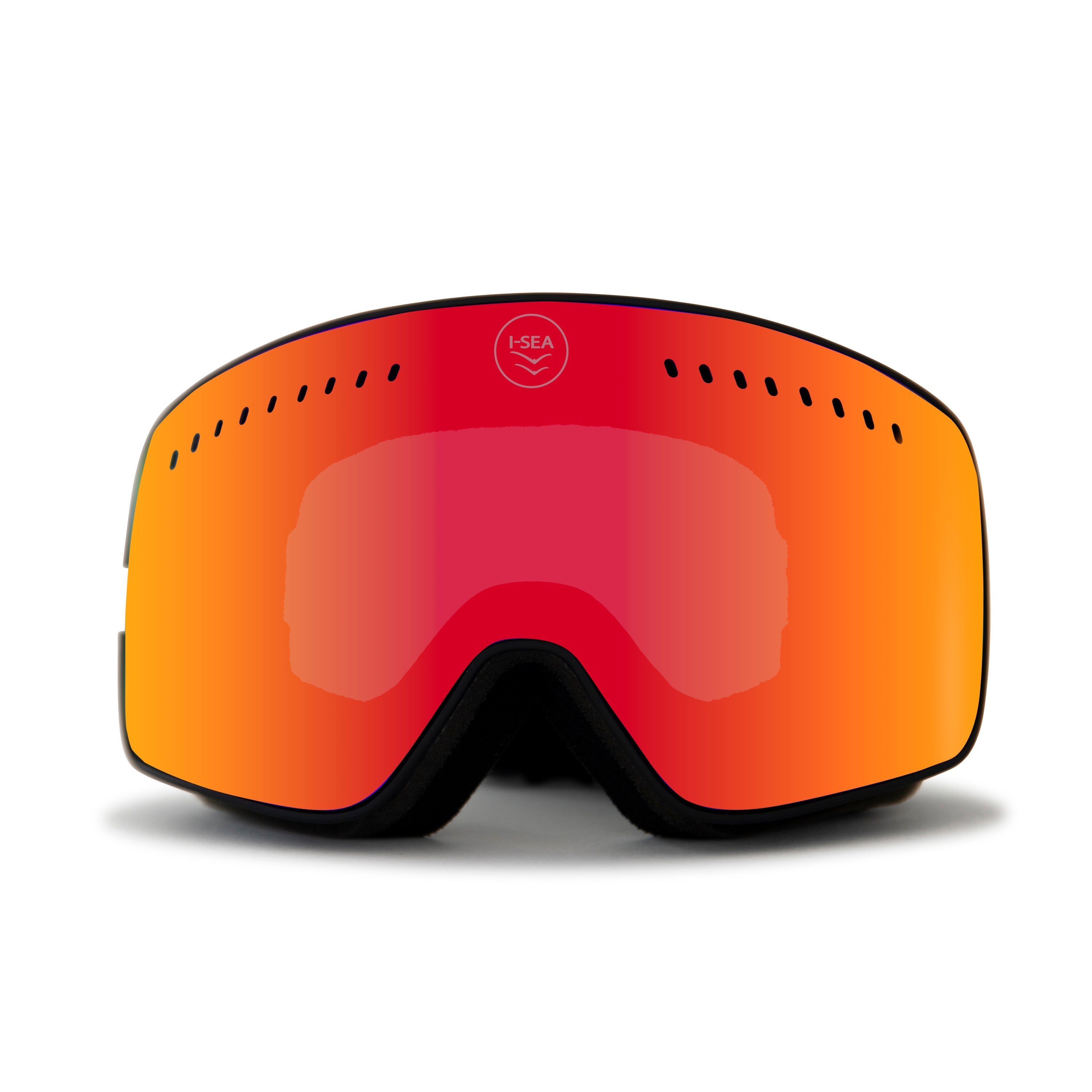 Red and orange ski goggles with a black frame on a white background. BLACK / FIRE RED