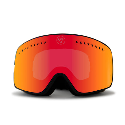 Red and orange ski goggles with a black frame on a white background. BLACK / FIRE RED