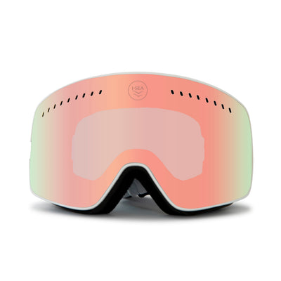 Multicolored ski goggles on a white background.
WHITE / ROSE LENS