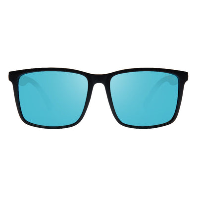 Sunglasses with black frame and blue lenses on a white background.
BLACK / BLUE MIRROR POLARIZED LENS