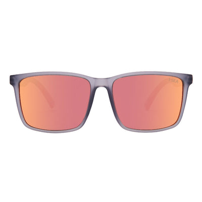 Sunglasses with orange lenses and gray frame on a white background.
GREY / RED MIRROR POLARIZED LENS