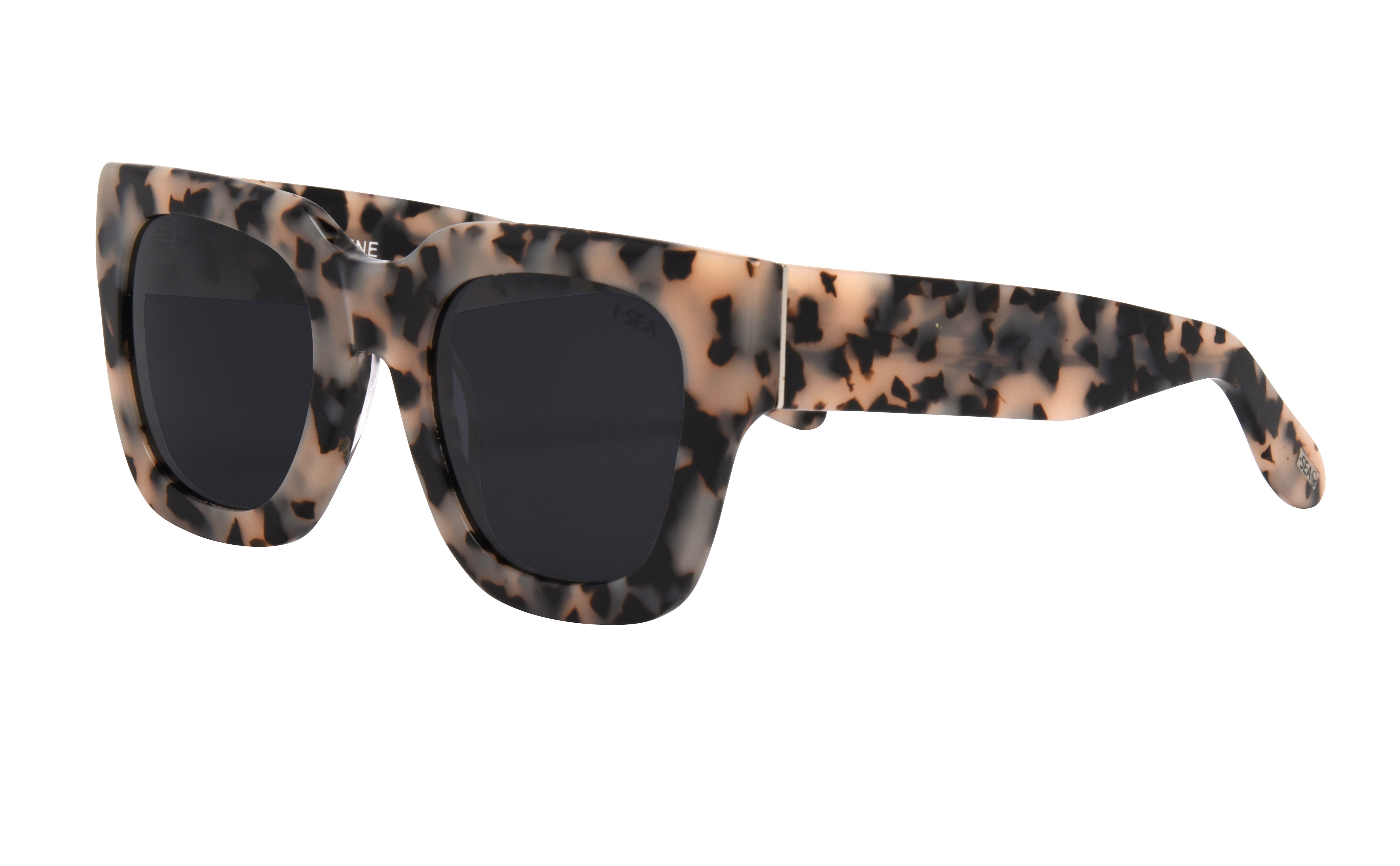 Sunglasses with leopard print frame and dark lenses on a white background.
SNOW TORT / SMOKE POLARIZED LENS