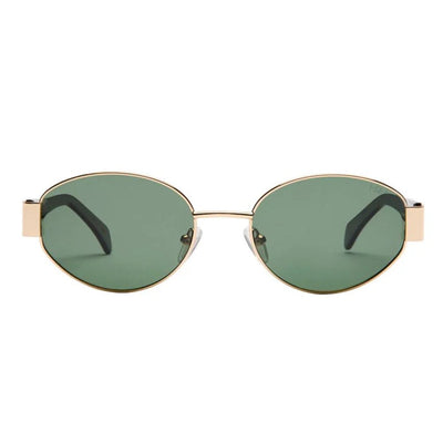 Sunglasses with gold frame and green lenses on a white background.
GOLD / GREEN POLARIZED LENS