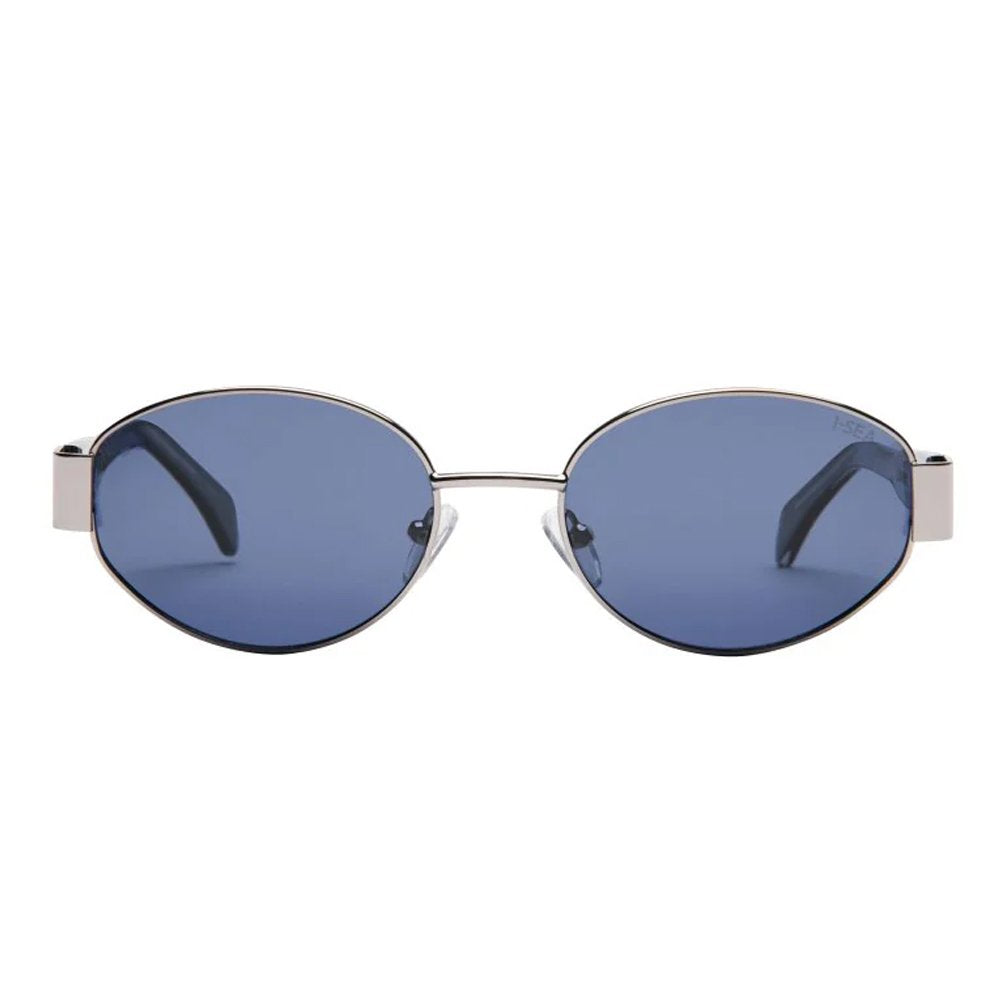 Sunglasses with blue lenses and silver frame on a white background.
GUNMETAL / NAVY POLARIZED LENS