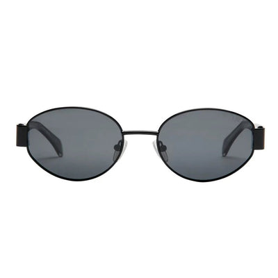 Black oval sunglasses on a white background.
BLACK / SMOKE POLARIZED LENS
