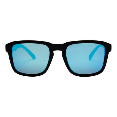 Black-framed sunglasses with blue lenses on a white background.
BLACK / T-BLUE POLARIZED LENS