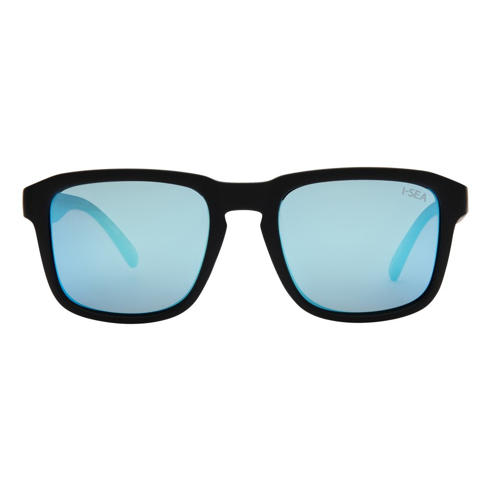 Sunglasses with black frame and blue-tinted lenses on a white background.
BLACK / SILVER BLUE POLARIZED LENS