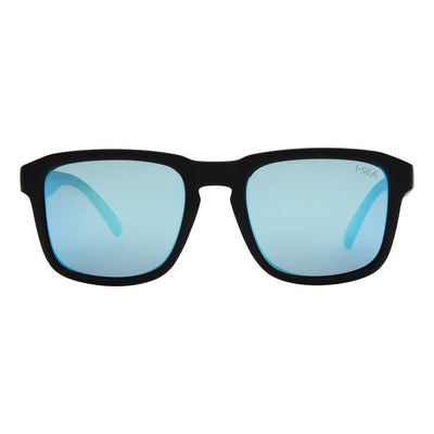 Sunglasses with black frame and blue-tinted lenses on a white background.
BLACK / SILVER BLUE POLARIZED LENS