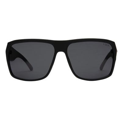 Black sunglasses with dark lenses on a white background.
SOFT BLACK / SMOKE POLARIZED LENS