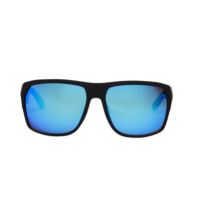 Black sunglasses with blue reflective lenses on a white background.
BLACK / BLUE POLARIZED LENS