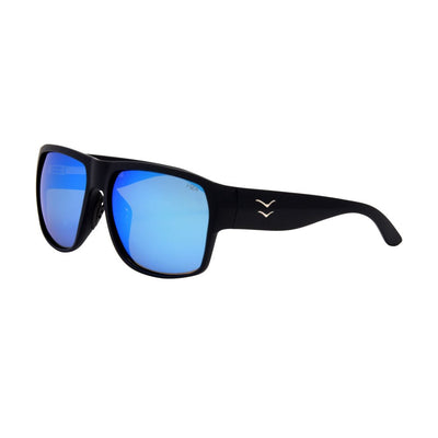Black sunglasses with blue reflective lenses on a white background.
BLACK / BLUE POLARIZED LENS