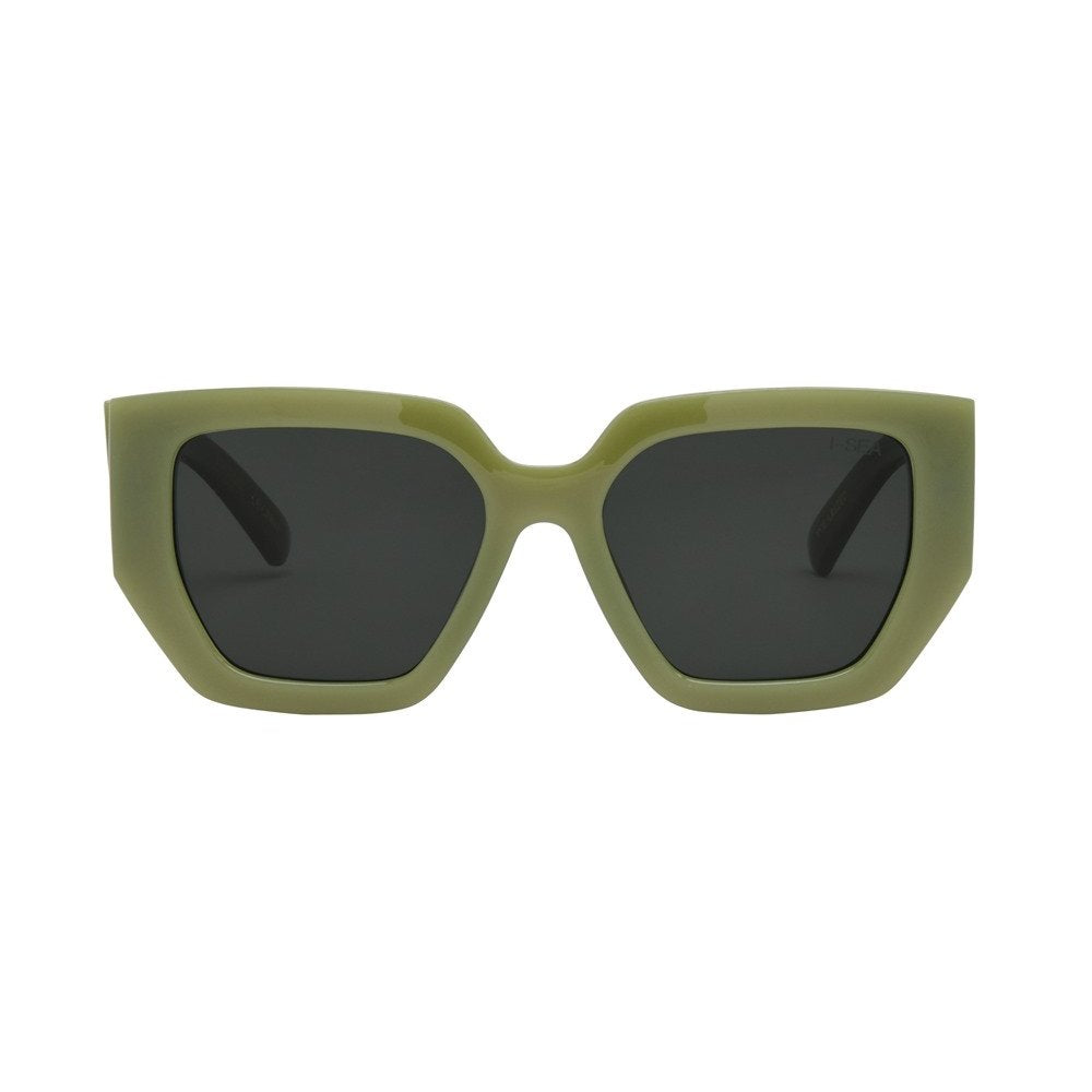 Sunglasses with green frame and dark lenses on a white background.
MOSS / GREEN POLARIZED LENS