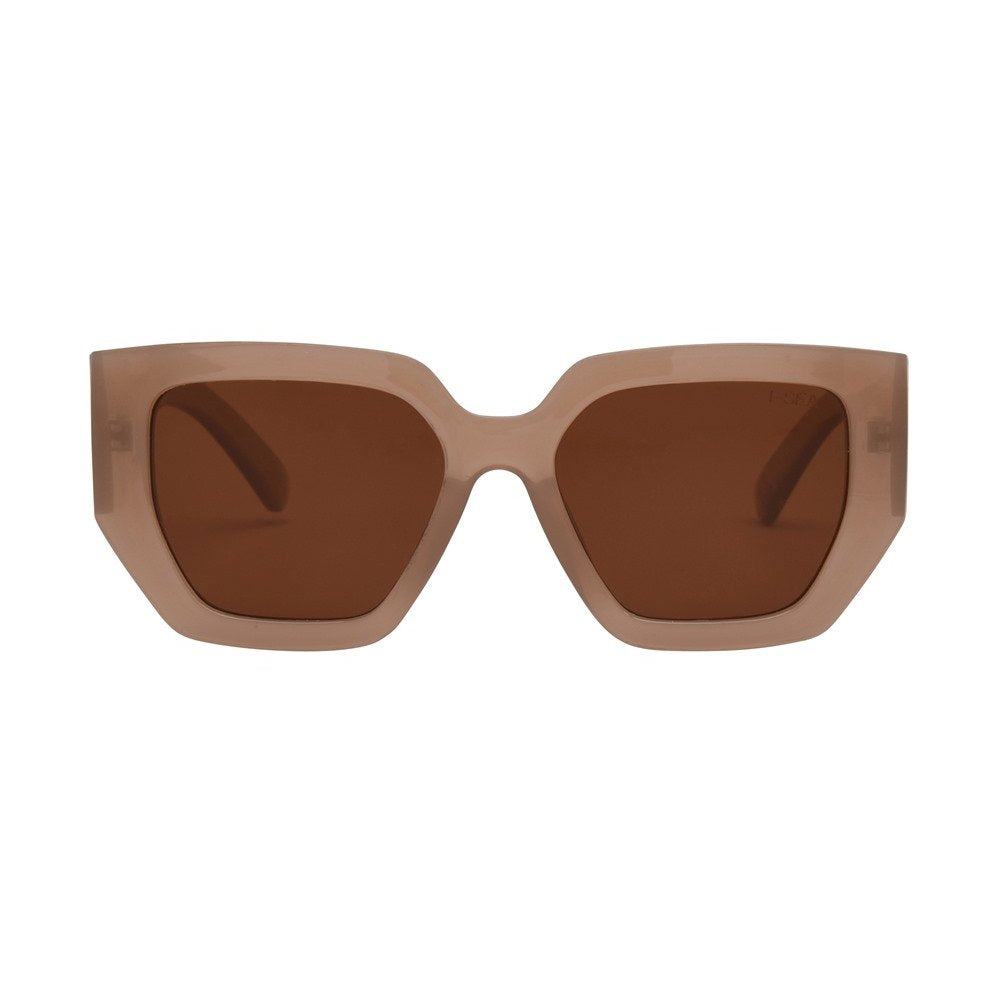 Sunglasses with brown lenses and beige frame on a white background.
TAN / BROWN POLARIZED LENS
