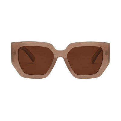 Sunglasses with brown lenses and beige frame on a white background.
TAN / BROWN POLARIZED LENS