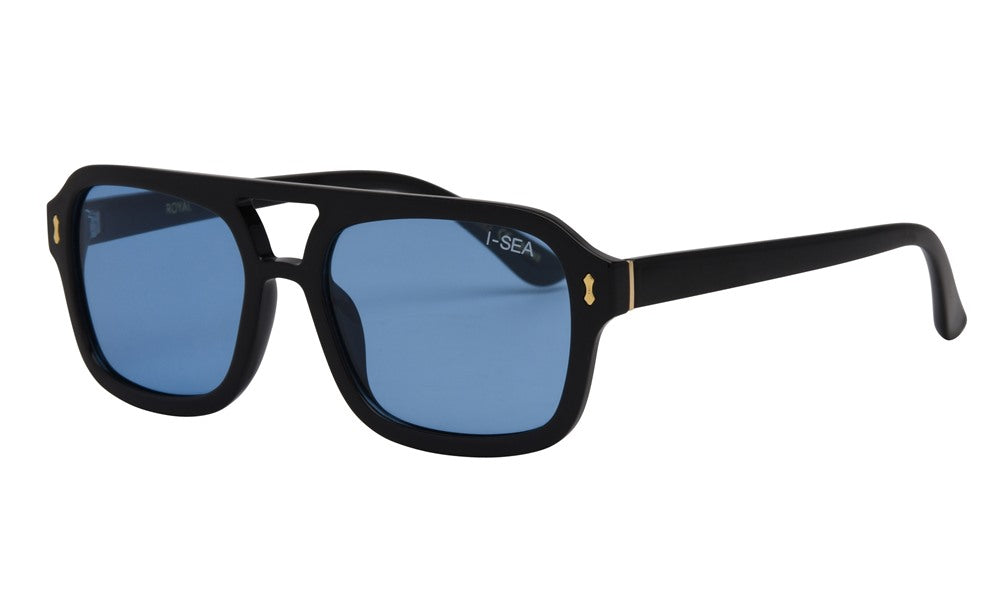 Black sunglasses with blue lenses on a white background.
BLACK / BLUE LENS