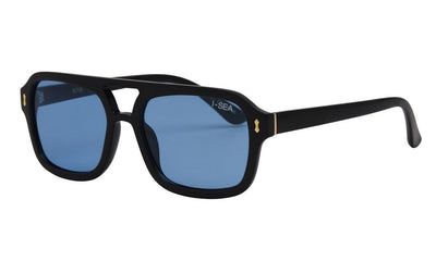 Black sunglasses with blue lenses on a white background.
BLACK / BLUE LENS