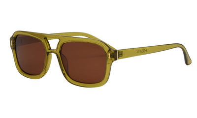 Sunglasses with a yellow frame and brown lenses on a white background.
OLIVE / BROWN POLARIZED LENS