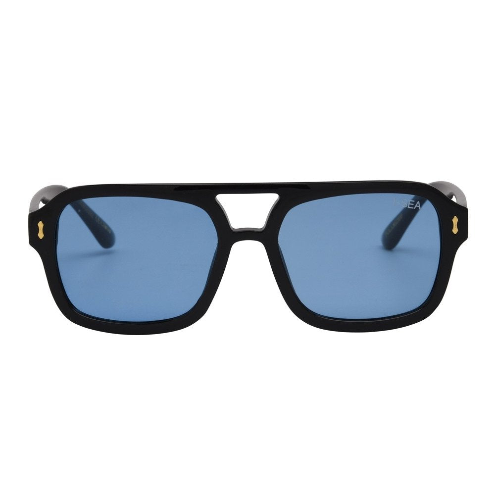 Black sunglasses with blue lenses on a white background.
BLACK / BLUE LENS