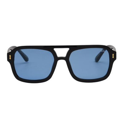 Black sunglasses with blue lenses on a white background.
BLACK / BLUE LENS