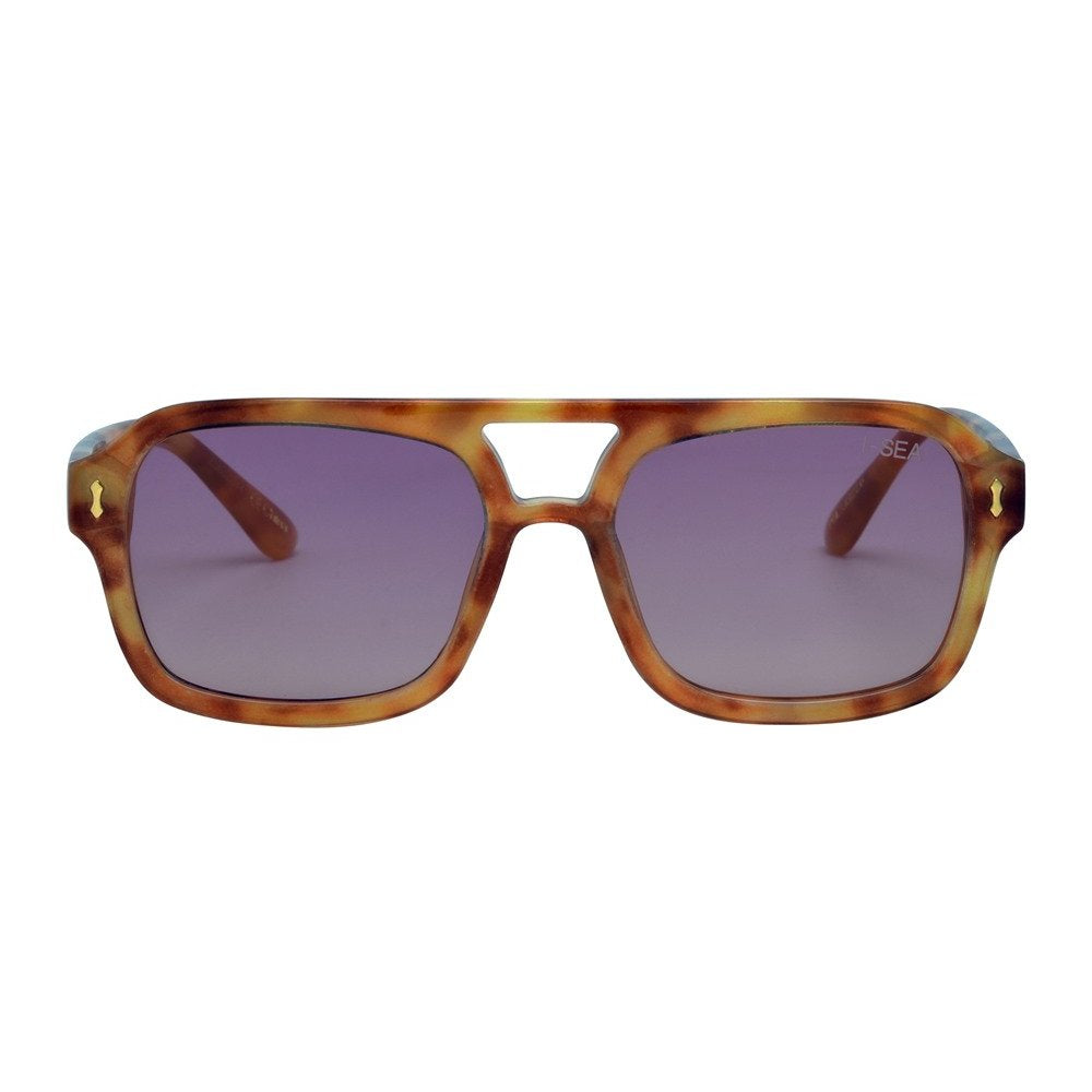 Sunglasses with tortoiseshell frame and purple lenses on a white background.
HONEY TORT / LAVENDER LENS