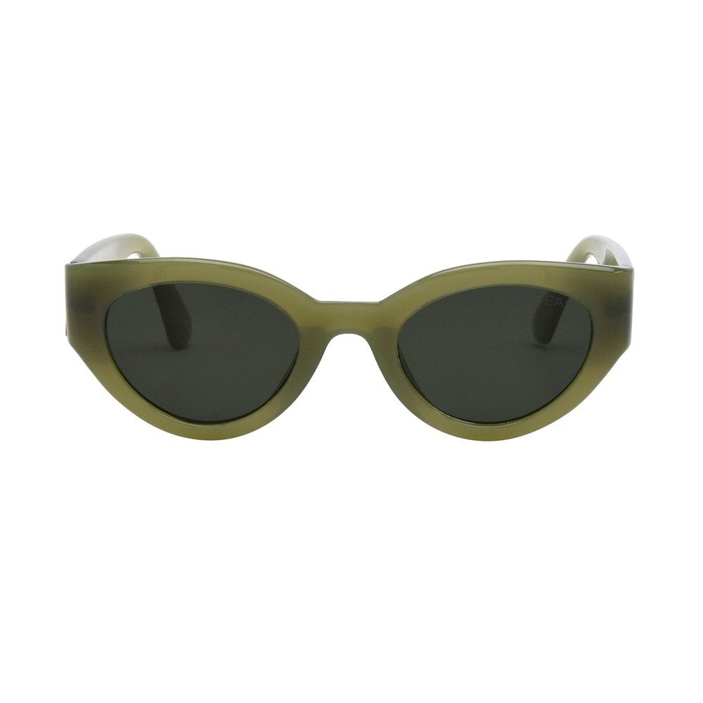 Sunglasses with green frame and dark lenses on a white background.
OLIVE / SMOKE POLARIZED LENS