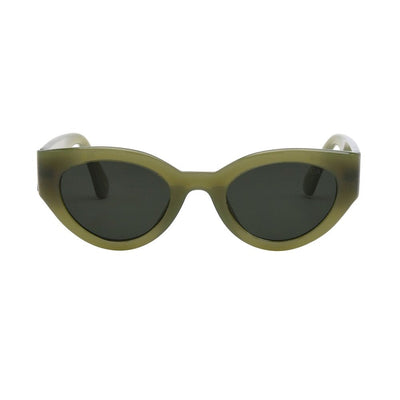 Sunglasses with green frame and dark lenses on a white background.
OLIVE / SMOKE POLARIZED LENS