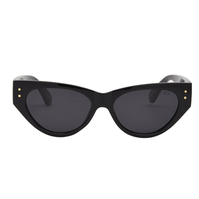 Black cat-eye sunglasses with gold accents on a white background.
BLACK / SMOKE POLARIZED LENS