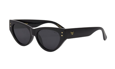 Black cat-eye sunglasses with a gold logo on a white background.
BLACK / SMOKE POLARIZED LENS
