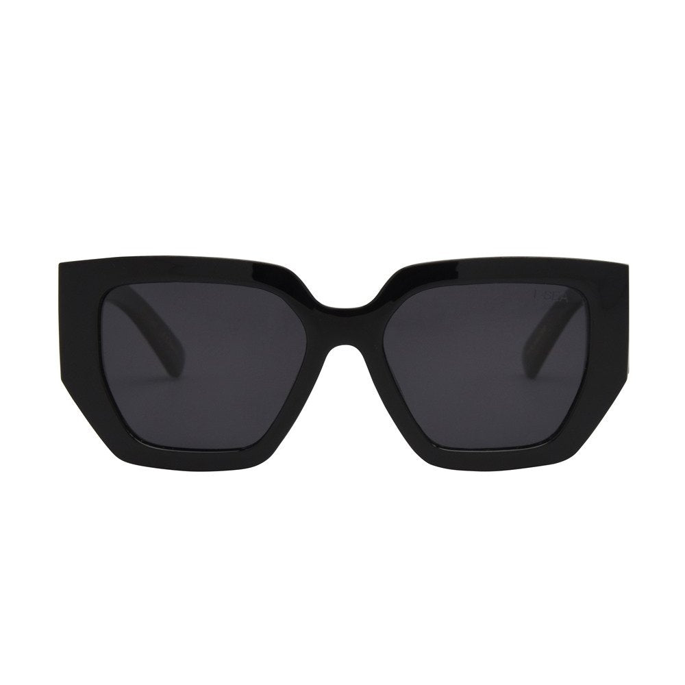 Black sunglasses with dark lenses on a white background.
BLACK / SMOKE POLARIZED LENS