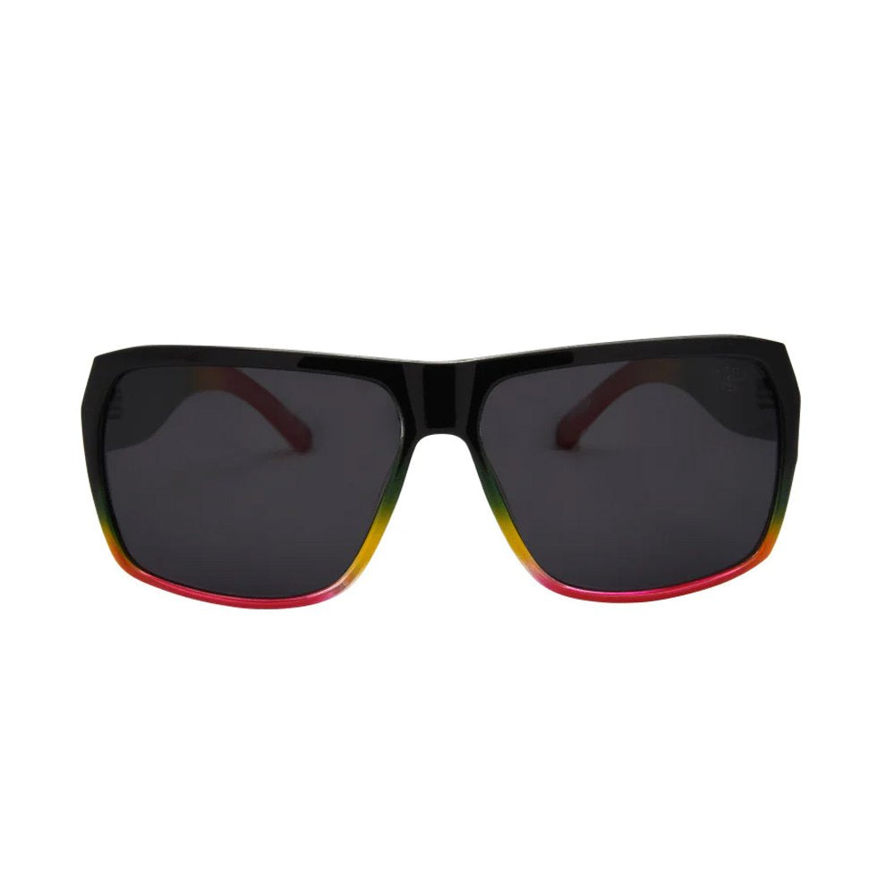 Black sunglasses with colorful rim design on a white background.
RASTA / SMOKE POLARIZED LENS